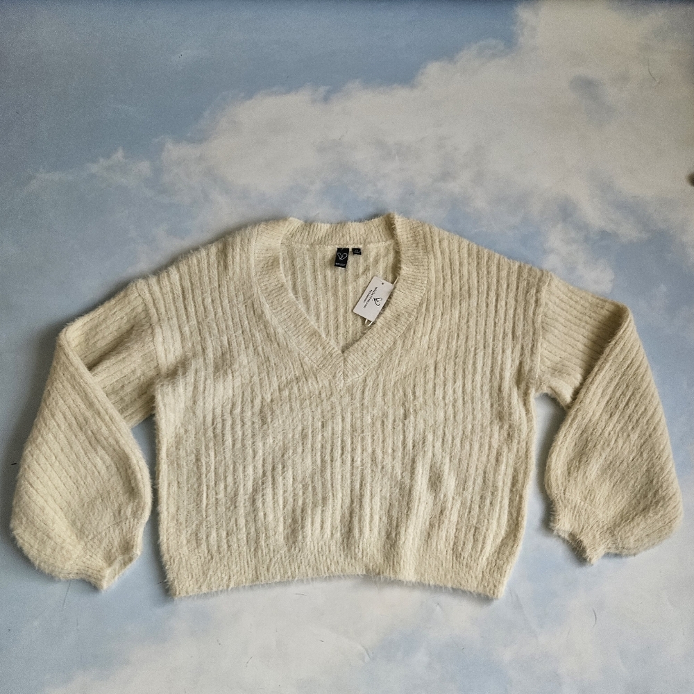 Cozy Cream V-Neck Sweater Soft Ivory Oversized Puffy Sweater Collegiate Warm